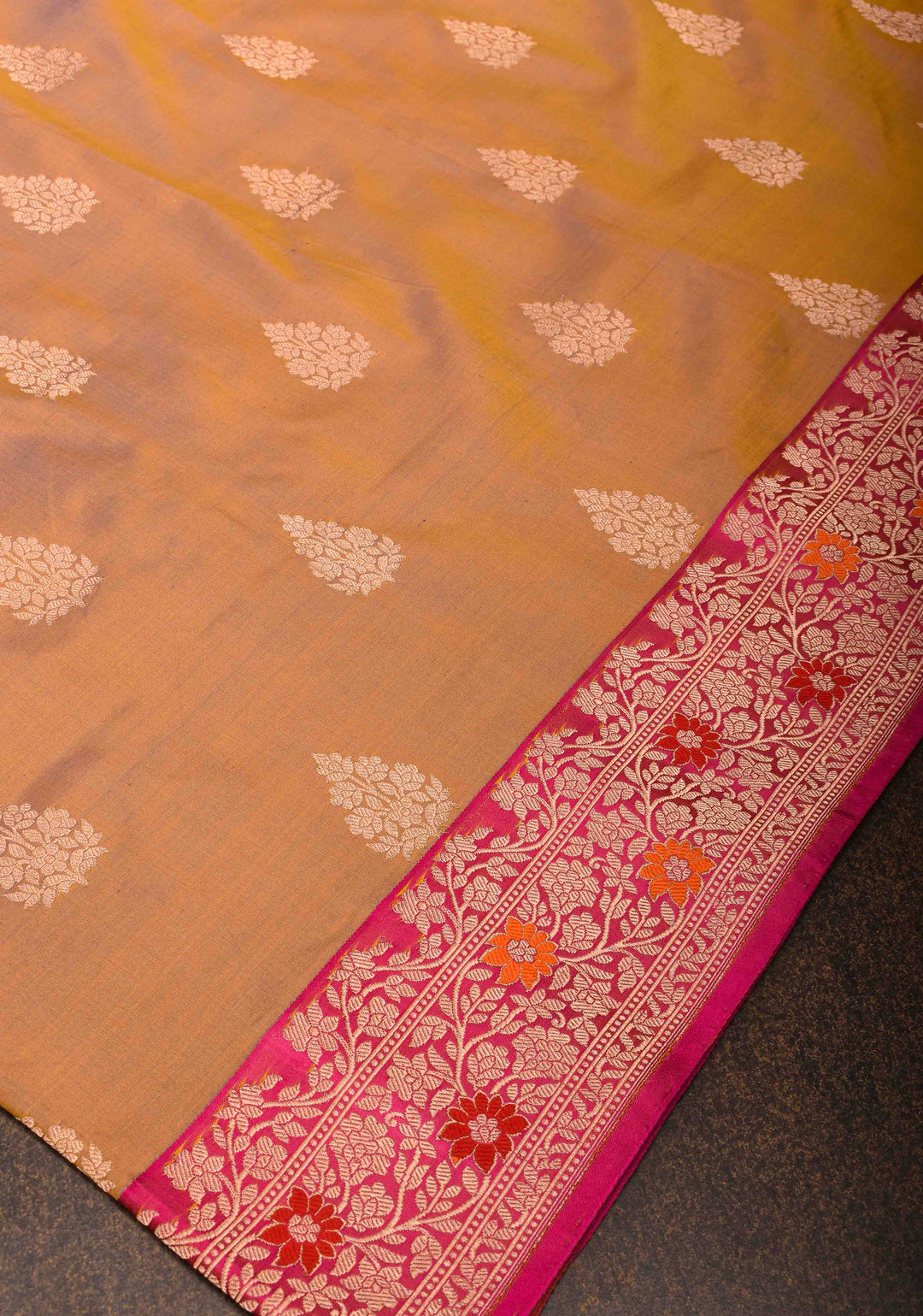 Orange Blue Dual Tone Banarasi Silk Saree with Floral Motifs and Meenakari Zari Borders | Silk Mark Certified