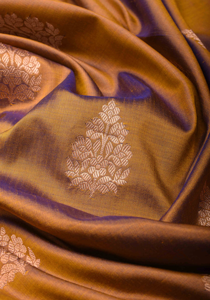 Orange Blue Dual Tone Banarasi Silk Saree with Floral Motifs and Meenakari Zari Borders | Silk Mark Certified