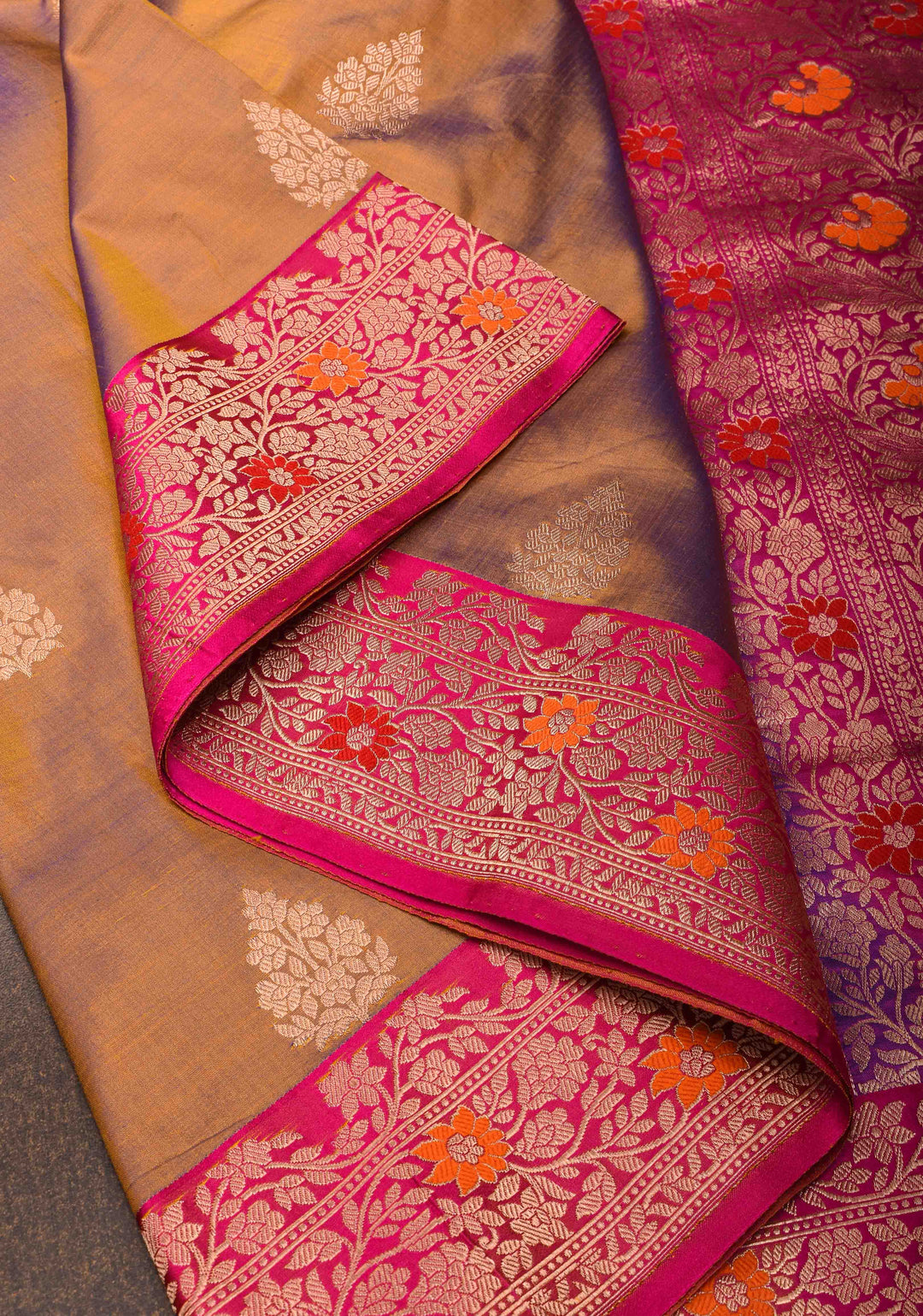 Orange Blue Dual Tone Banarasi Silk Saree with Floral Motifs and Meenakari Zari Borders | Silk Mark Certified