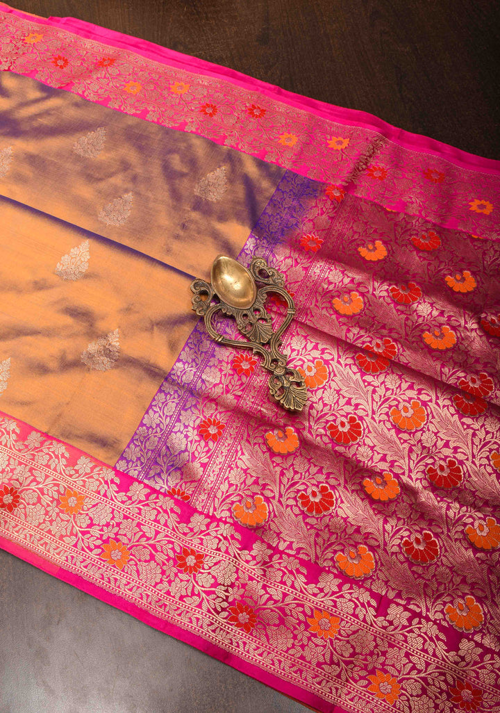 Orange Blue Dual Tone Banarasi Silk Saree with Floral Motifs and Meenakari Zari Borders | Silk Mark Certified