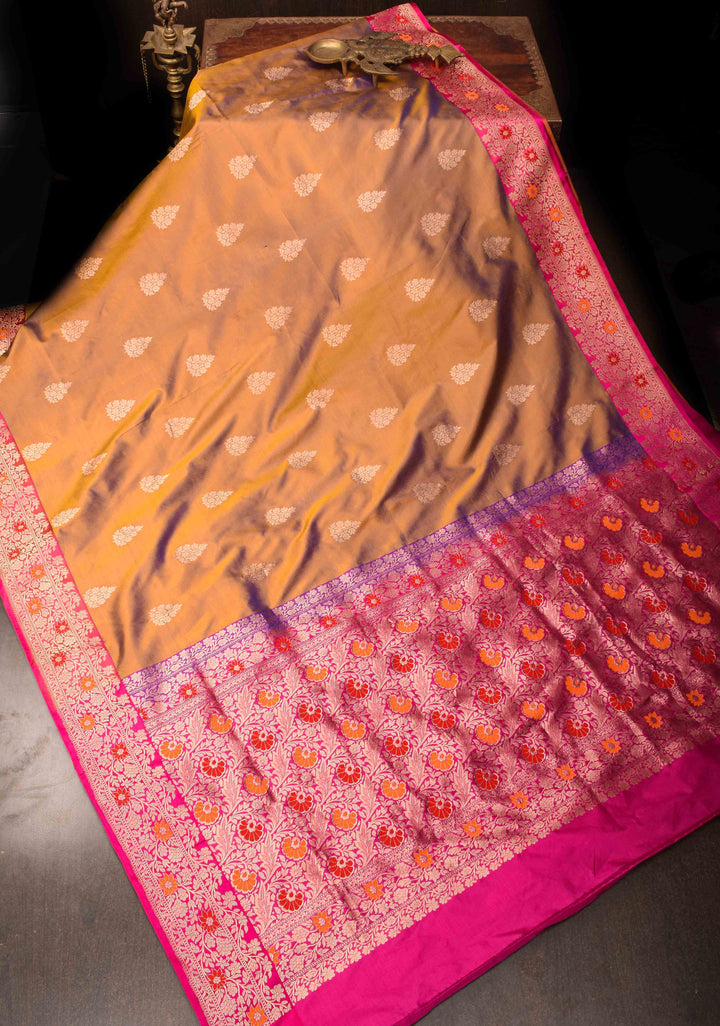Orange Blue Dual Tone Banarasi Silk Saree with Floral Motifs and Meenakari Zari Borders | Silk Mark Certified