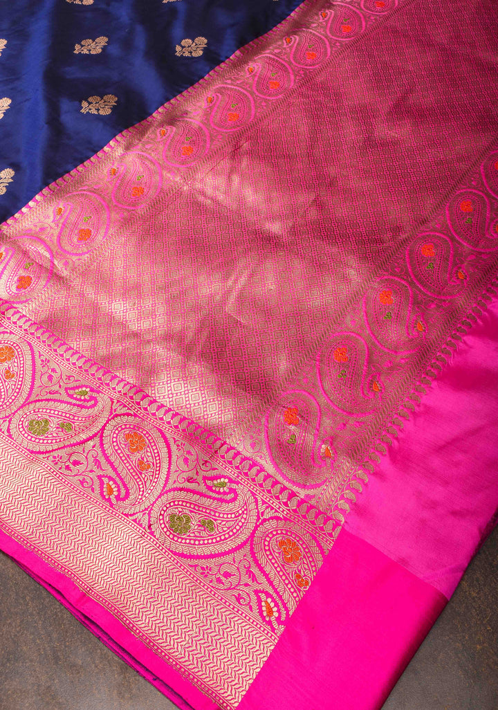 Midnight Blue Banarasi Katan silk saree with Floral Zari Buttas and Meenakari Contrast Zari Border | SILK MARK CERTIFIED