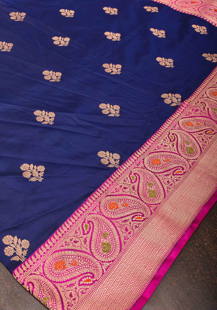 Midnight Blue Banarasi Katan silk saree with Floral Zari Buttas and Meenakari Contrast Zari Border | SILK MARK CERTIFIED