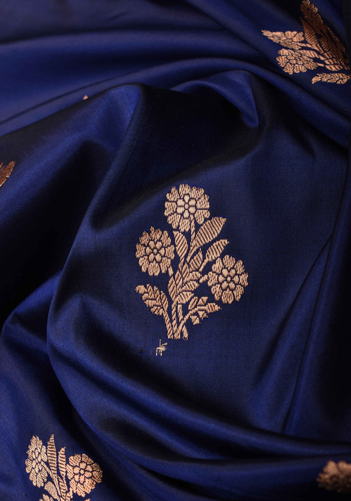Midnight Blue Banarasi Katan silk saree with Floral Zari Buttas and Meenakari Contrast Zari Border | SILK MARK CERTIFIED