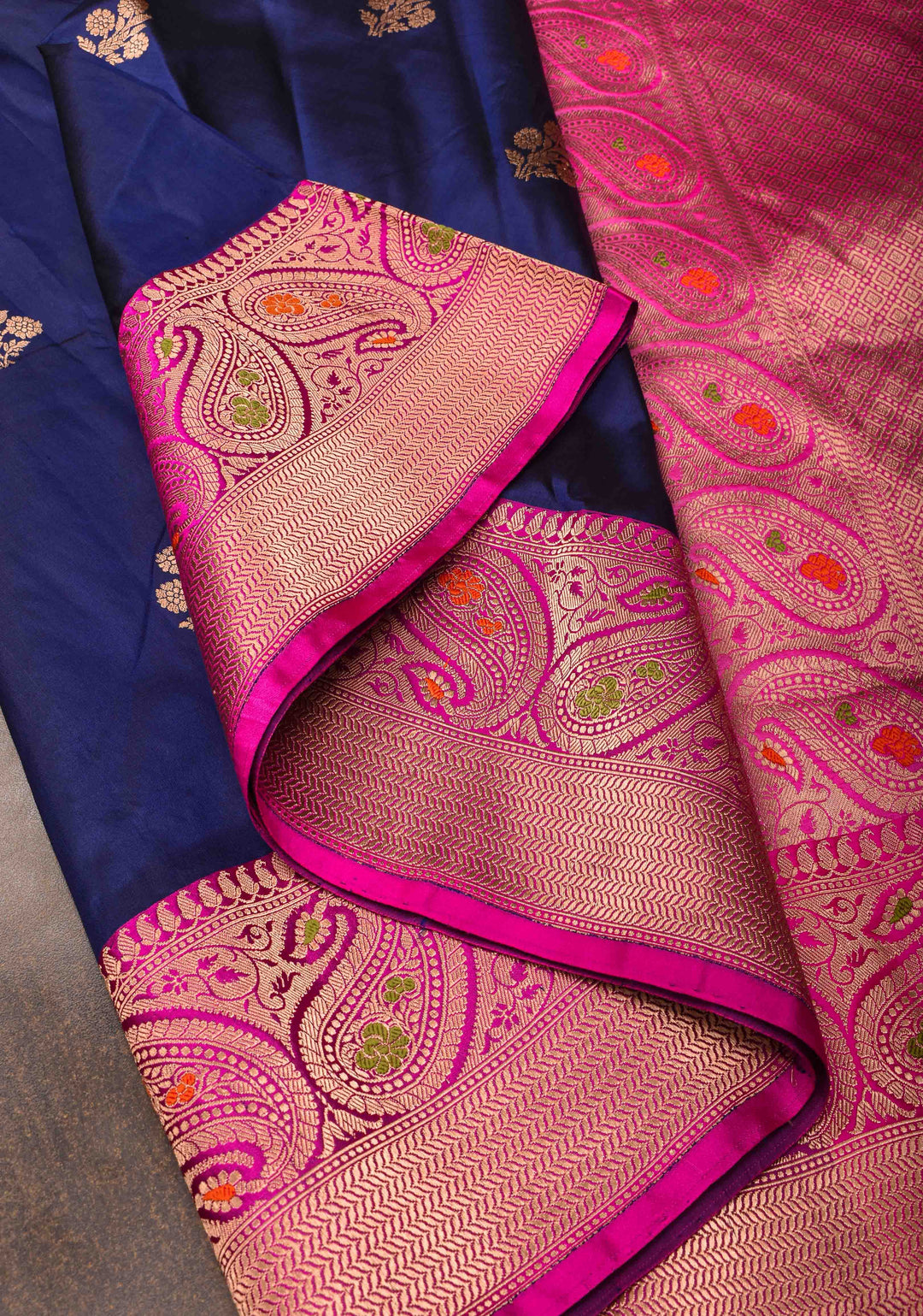 Midnight Blue Banarasi Katan silk saree with Floral Zari Buttas and Meenakari Contrast Zari Border | SILK MARK CERTIFIED