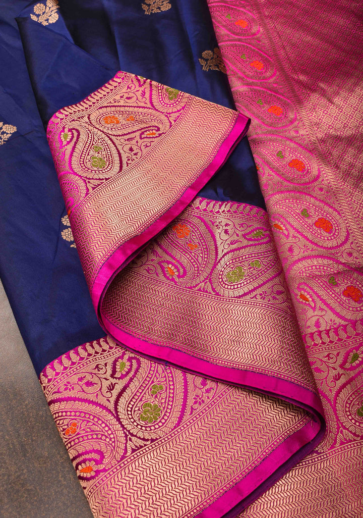 Midnight Blue Banarasi Katan silk saree with Floral Zari Buttas and Meenakari Contrast Zari Border | SILK MARK CERTIFIED