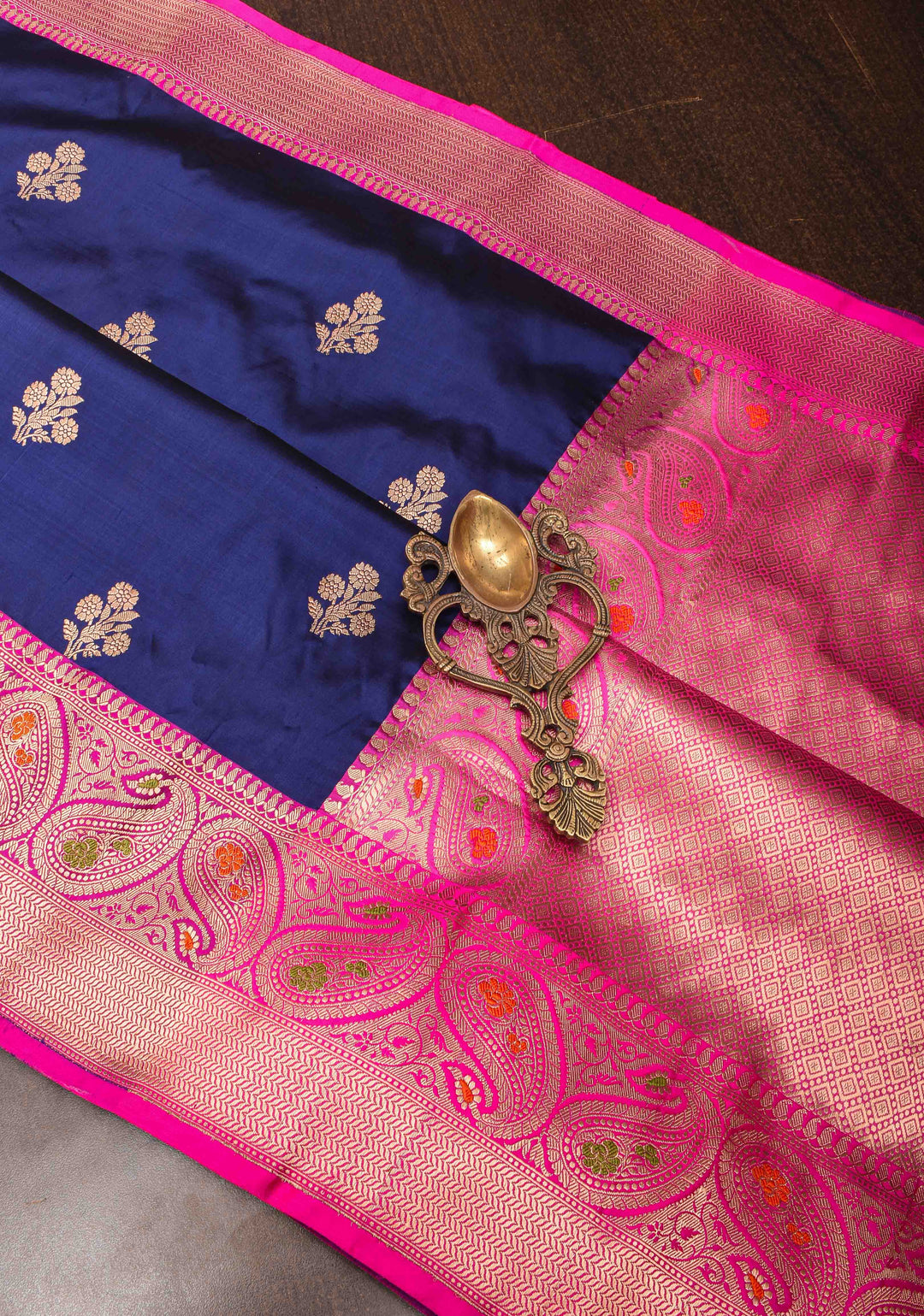 Midnight Blue Banarasi Katan silk saree with Floral Zari Buttas and Meenakari Contrast Zari Border | SILK MARK CERTIFIED