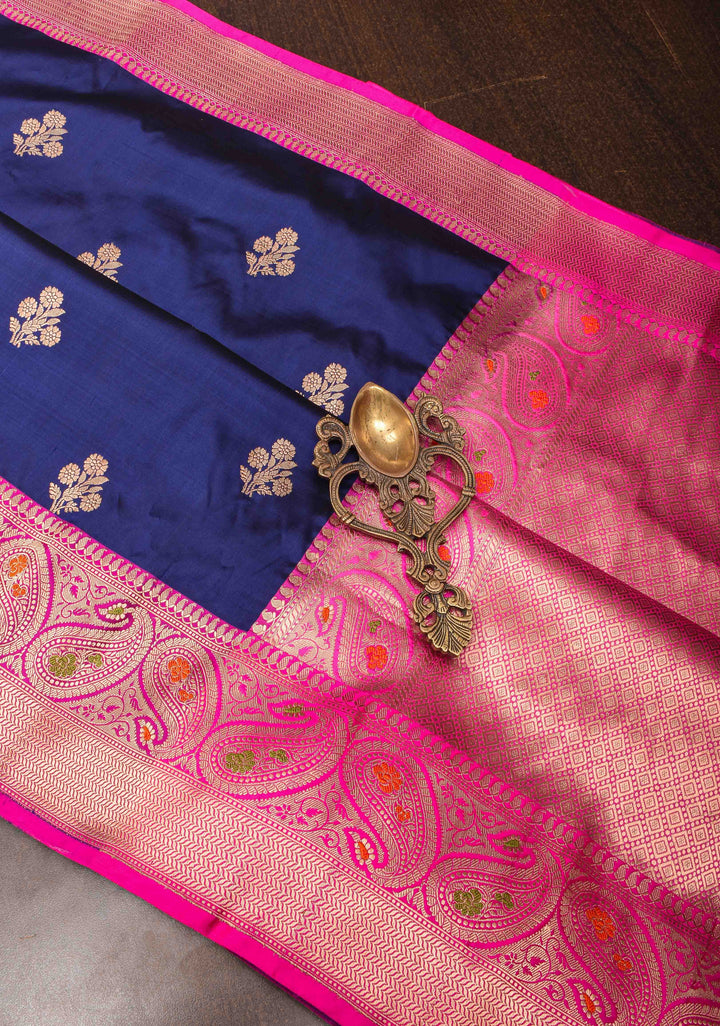 Midnight Blue Banarasi Katan silk saree with Floral Zari Buttas and Meenakari Contrast Zari Border | SILK MARK CERTIFIED