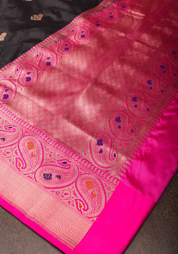 Black Banarasi Katan silk saree with Floral Zari Buttas and Meenakari Contrast Zari Border | SILK MARK CERTIFIED