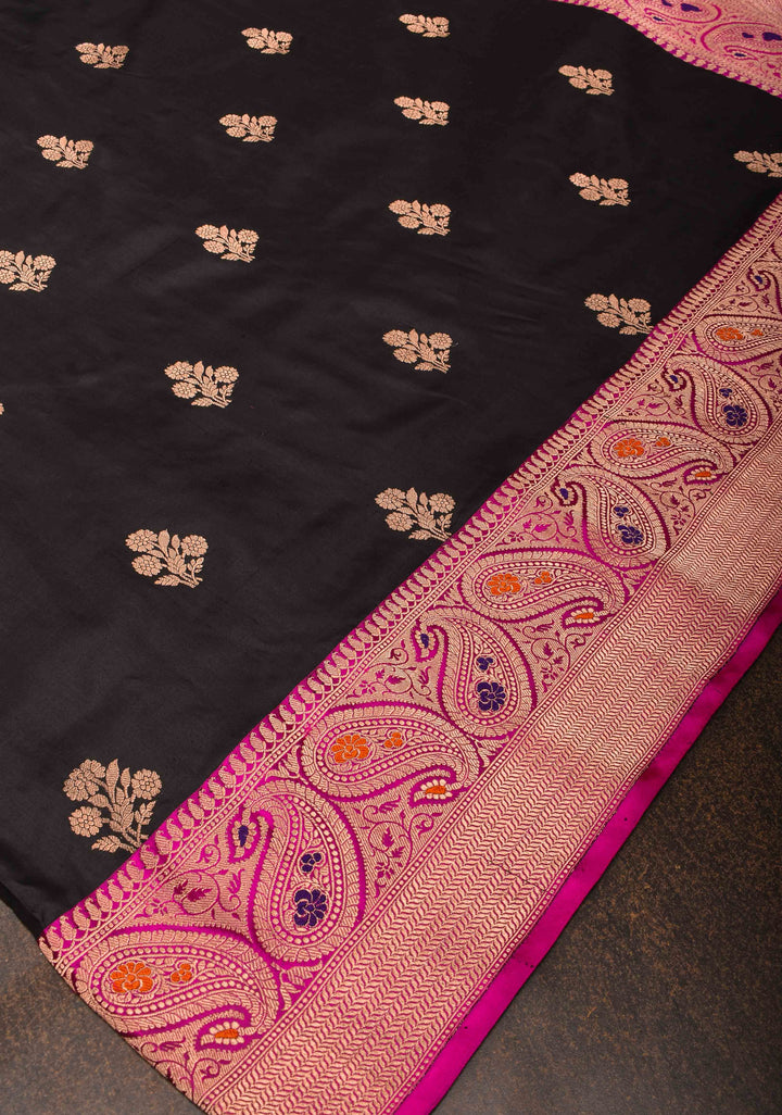 Black Banarasi Katan silk saree with Floral Zari Buttas and Meenakari Contrast Zari Border | SILK MARK CERTIFIED