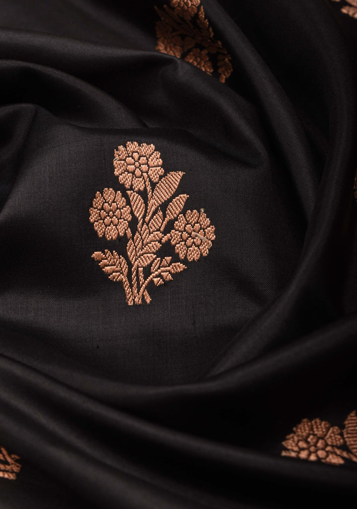 Black Banarasi Katan silk saree with Floral Zari Buttas and Meenakari Contrast Zari Border | SILK MARK CERTIFIED