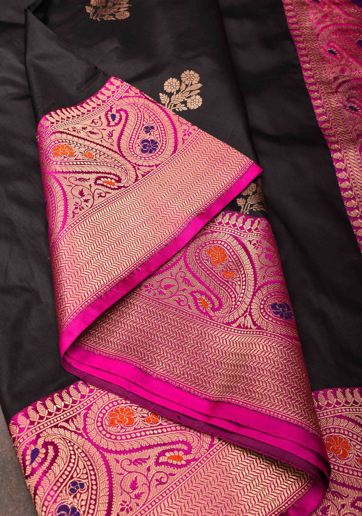 Black Banarasi Katan silk saree with Floral Zari Buttas and Meenakari Contrast Zari Border | SILK MARK CERTIFIED