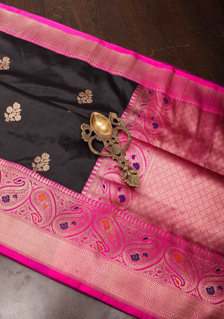 Black Banarasi Katan silk saree with Floral Zari Buttas and Meenakari Contrast Zari Border | SILK MARK CERTIFIED