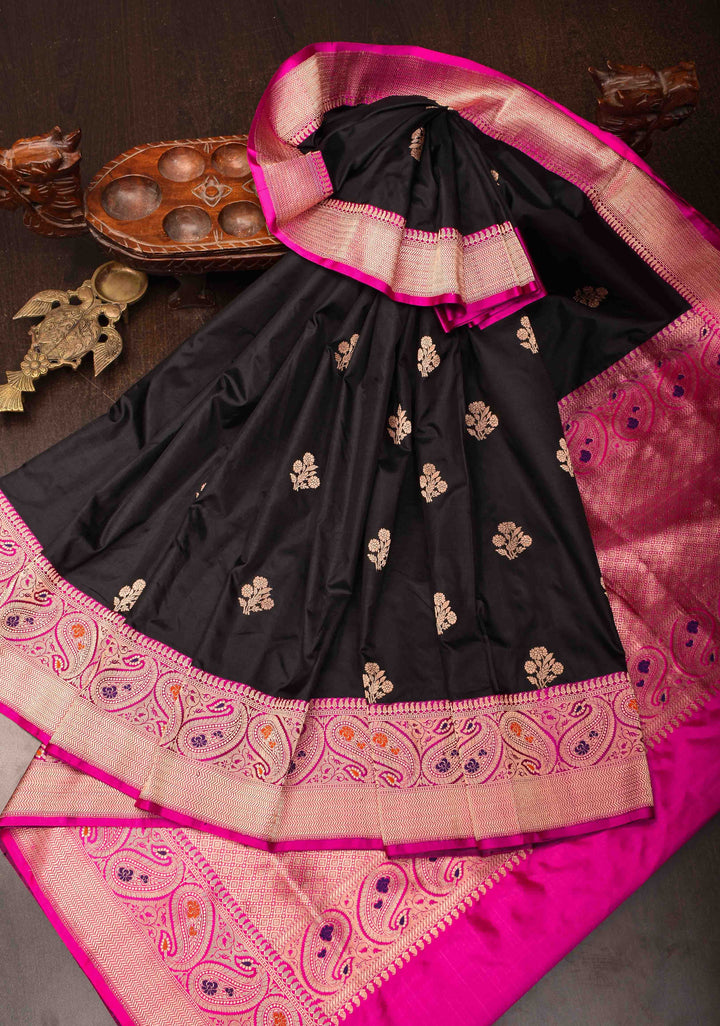 Black Banarasi Katan silk saree with Floral Zari Buttas and Meenakari Contrast Zari Border | SILK MARK CERTIFIED