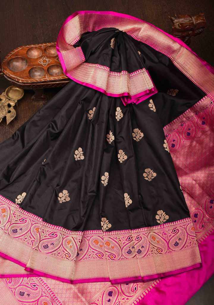 Black Banarasi Katan silk saree with Floral Zari Buttas and Meenakari Contrast Zari Border | SILK MARK CERTIFIED