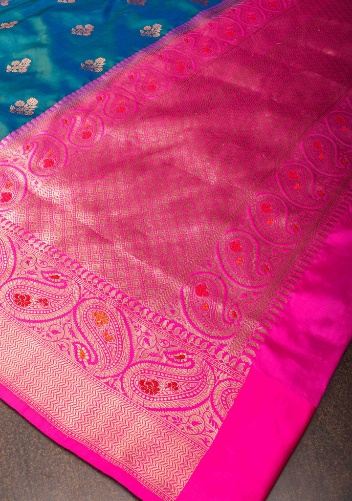 Peacock Blue dual tone Banarasi Katan silk saree with Floral Zari Buttas and Meenakari Contrast Zari Border | SILK MARK CERTIFIED