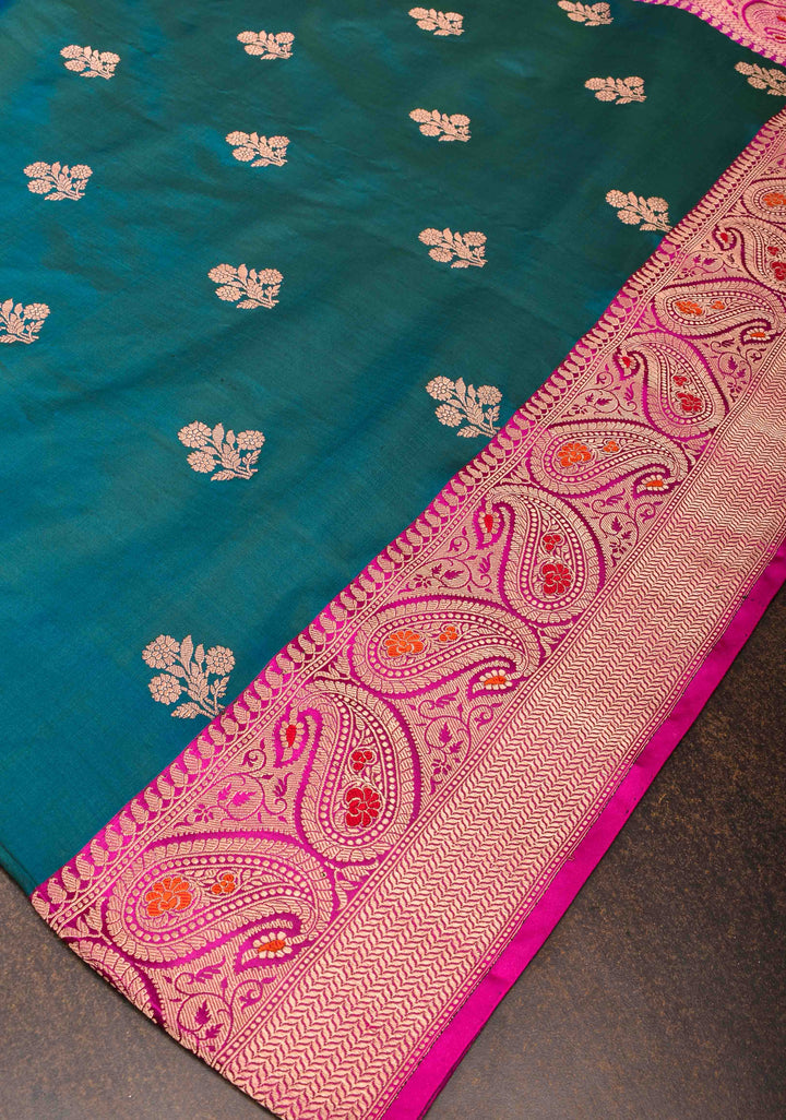 Peacock Blue dual tone Banarasi Katan silk saree with Floral Zari Buttas and Meenakari Contrast Zari Border | SILK MARK CERTIFIED
