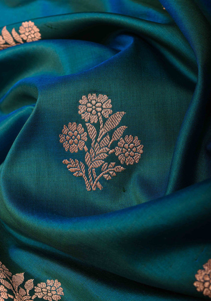 Peacock Blue dual tone Banarasi Katan silk saree with Floral Zari Buttas and Meenakari Contrast Zari Border | SILK MARK CERTIFIED