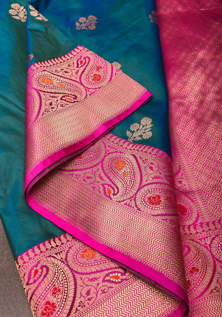 Peacock Blue dual tone Banarasi Katan silk saree with Floral Zari Buttas and Meenakari Contrast Zari Border | SILK MARK CERTIFIED