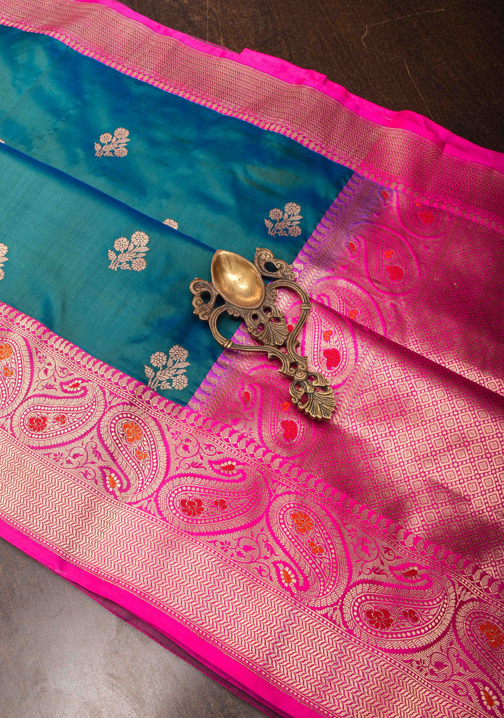 Peacock Blue dual tone Banarasi Katan silk saree with Floral Zari Buttas and Meenakari Contrast Zari Border | SILK MARK CERTIFIED