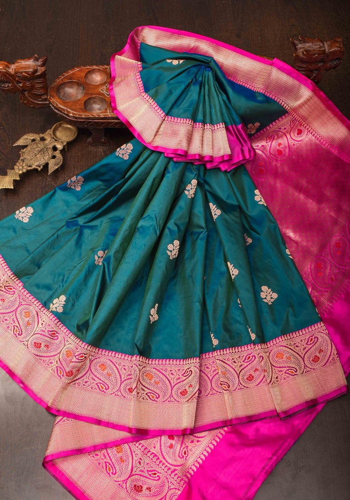 Peacock Blue dual tone Banarasi Katan silk saree with Floral Zari Buttas and Meenakari Contrast Zari Border | SILK MARK CERTIFIED