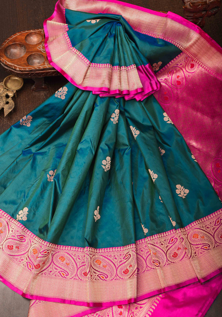 Peacock Blue dual tone Banarasi Katan silk saree with Floral Zari Buttas and Meenakari Contrast Zari Border | SILK MARK CERTIFIED