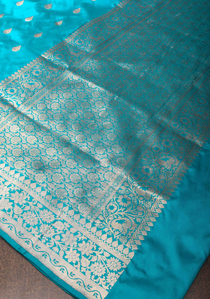 Banarasi Katan Silk Saree in Teal Blue with Damask Motifs and Zari Border | SILK MARK CERTIFIED