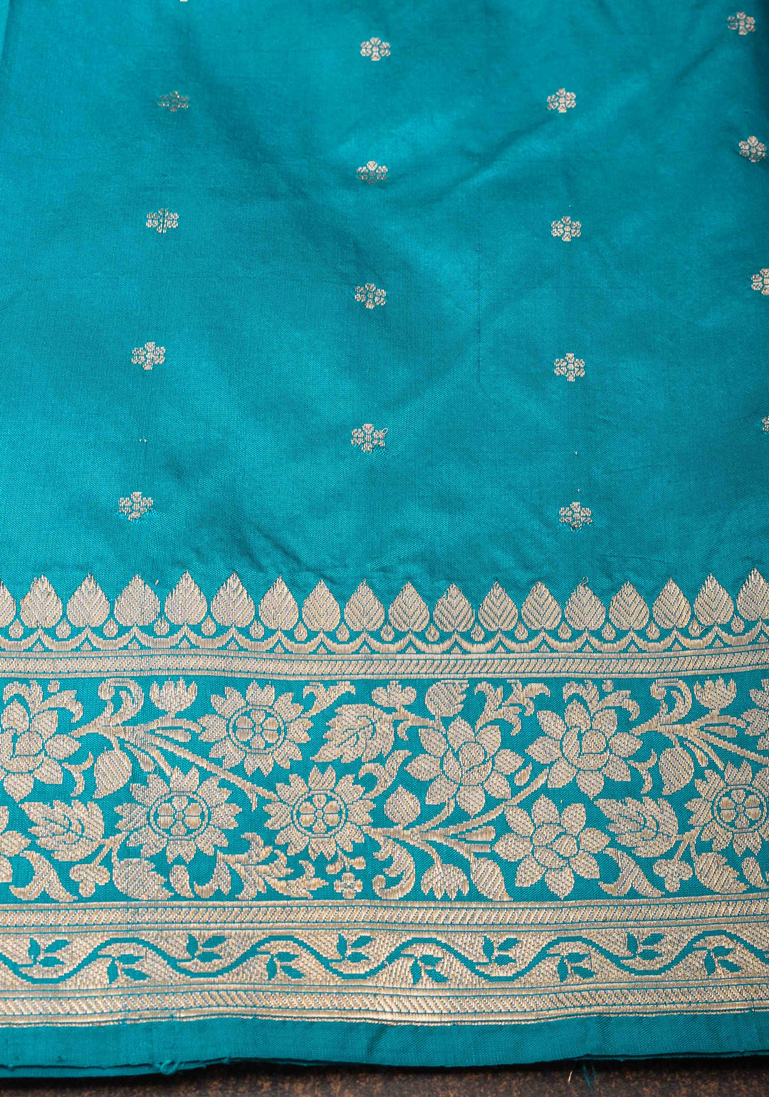 Banarasi Katan Silk Saree in Teal Blue with Damask Motifs and Zari Border | SILK MARK CERTIFIED