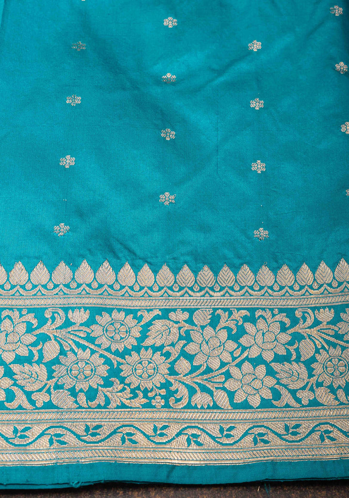 Banarasi Katan Silk Saree in Teal Blue with Damask Motifs and Zari Border | SILK MARK CERTIFIED