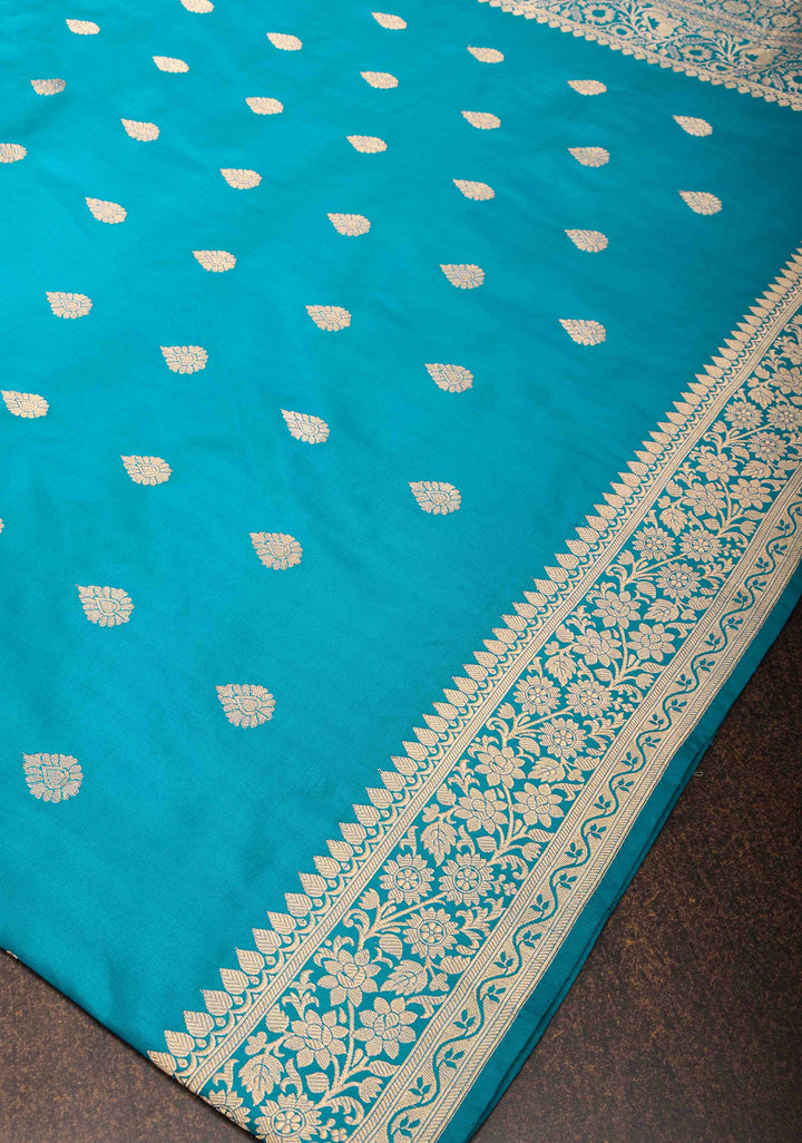 Banarasi Katan Silk Saree in Teal Blue with Damask Motifs and Zari Border | SILK MARK CERTIFIED