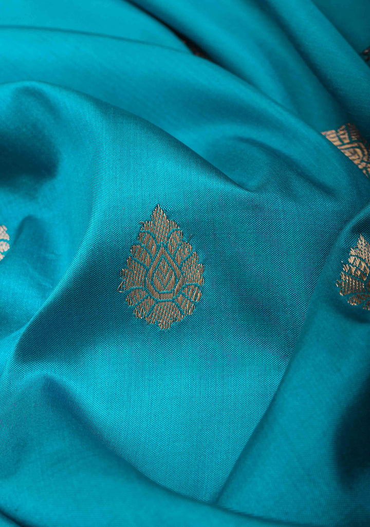 Banarasi Katan Silk Saree in Teal Blue with Damask Motifs and Zari Border | SILK MARK CERTIFIED