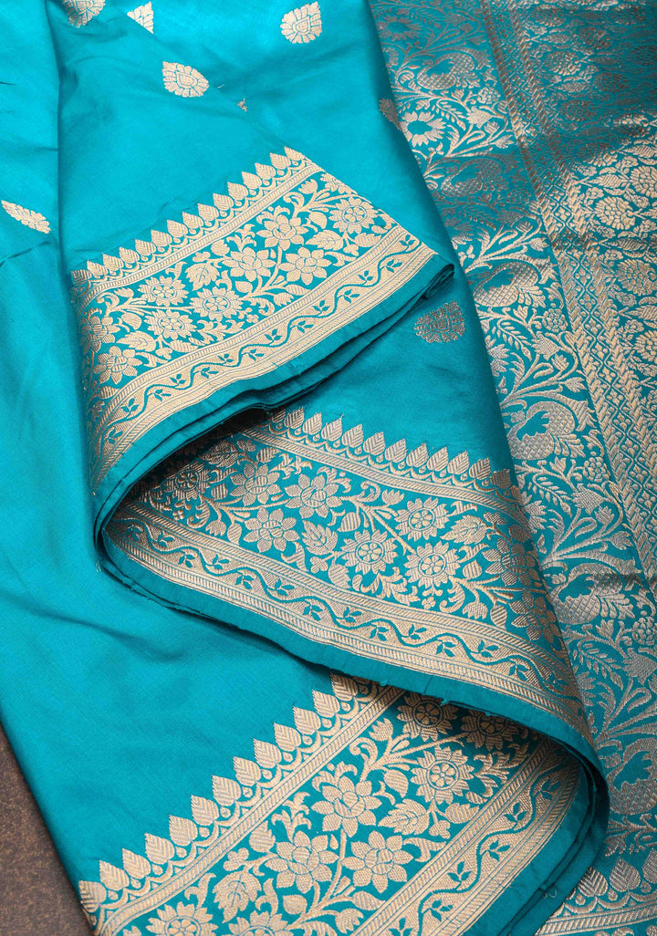 Banarasi Katan Silk Saree in Teal Blue with Damask Motifs and Zari Border | SILK MARK CERTIFIED
