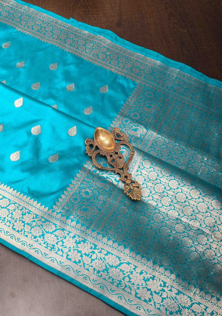 Banarasi Katan Silk Saree in Teal Blue with Damask Motifs and Zari Border | SILK MARK CERTIFIED