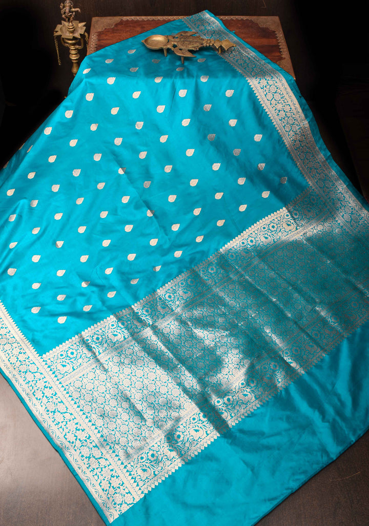 Banarasi Katan Silk Saree in Teal Blue with Damask Motifs and Zari Border | SILK MARK CERTIFIED