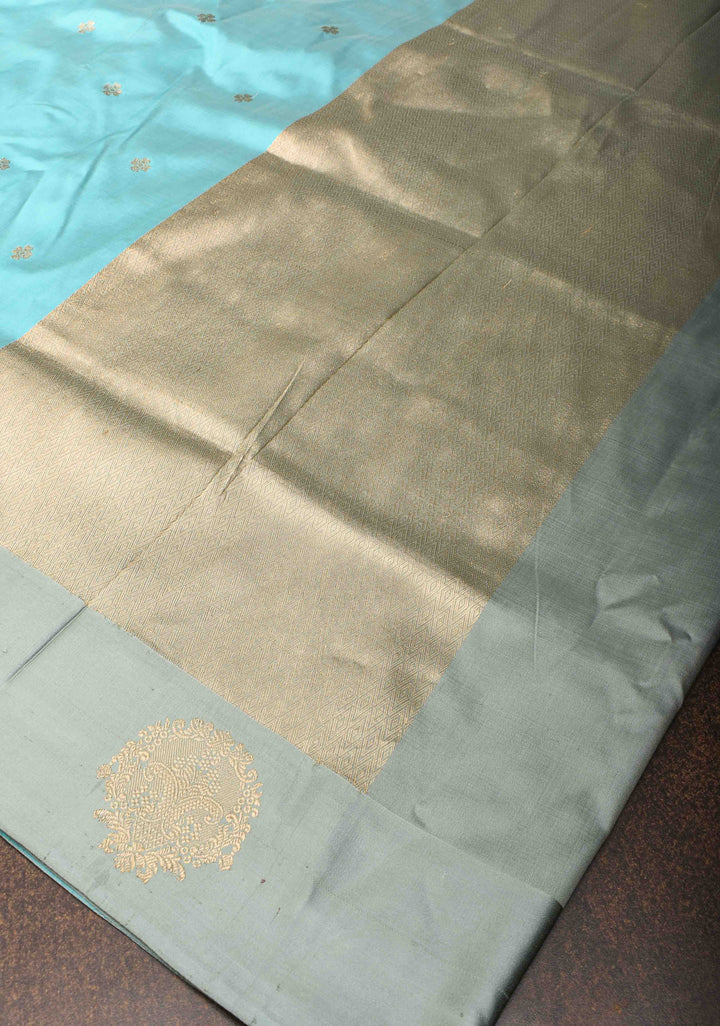 Banarasi Katan Silk Saree in Aqua with Floral Buttis and Distinct Motifs on Border | SILK MARK CERTIFIED