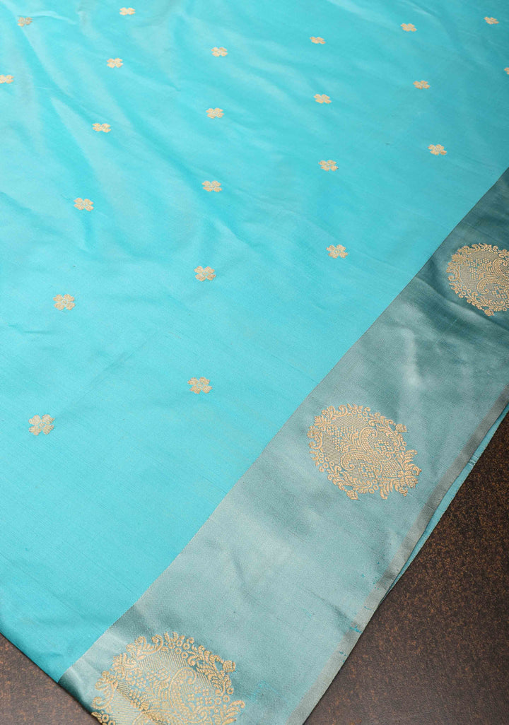 Banarasi Katan Silk Saree in Aqua with Floral Buttis and Distinct Motifs on Border | SILK MARK CERTIFIED