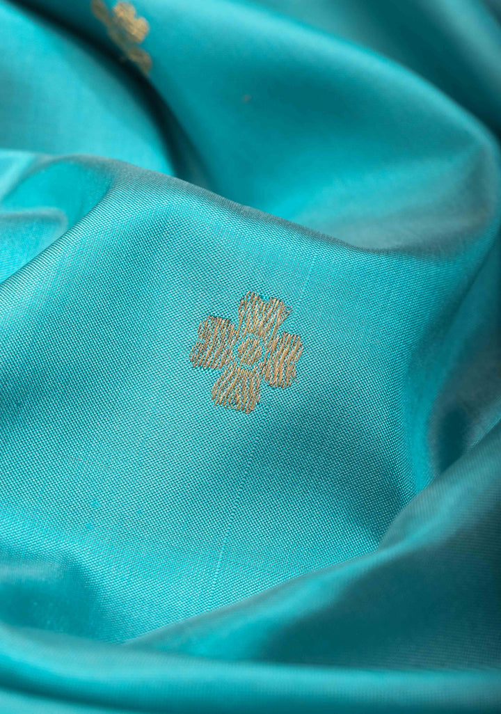 Banarasi Katan Silk Saree in Aqua with Floral Buttis and Distinct Motifs on Border | SILK MARK CERTIFIED