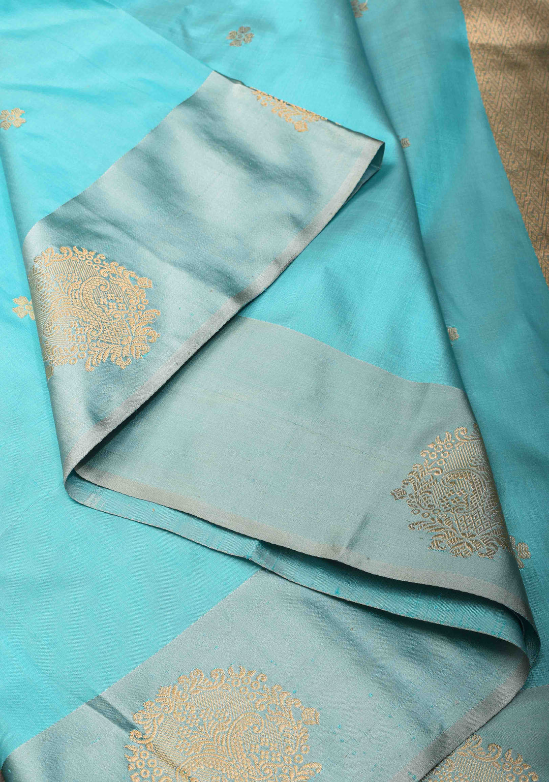 Banarasi Katan Silk Saree in Aqua with Floral Buttis and Distinct Motifs on Border | SILK MARK CERTIFIED