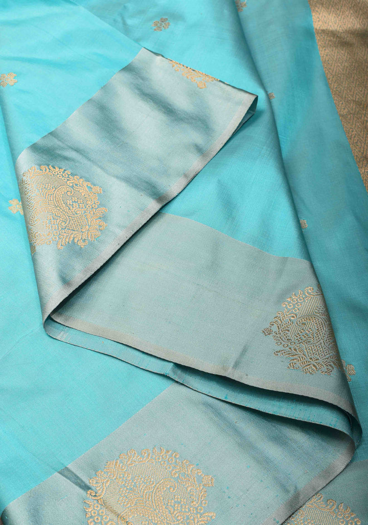 Banarasi Katan Silk Saree in Aqua with Floral Buttis and Distinct Motifs on Border | SILK MARK CERTIFIED