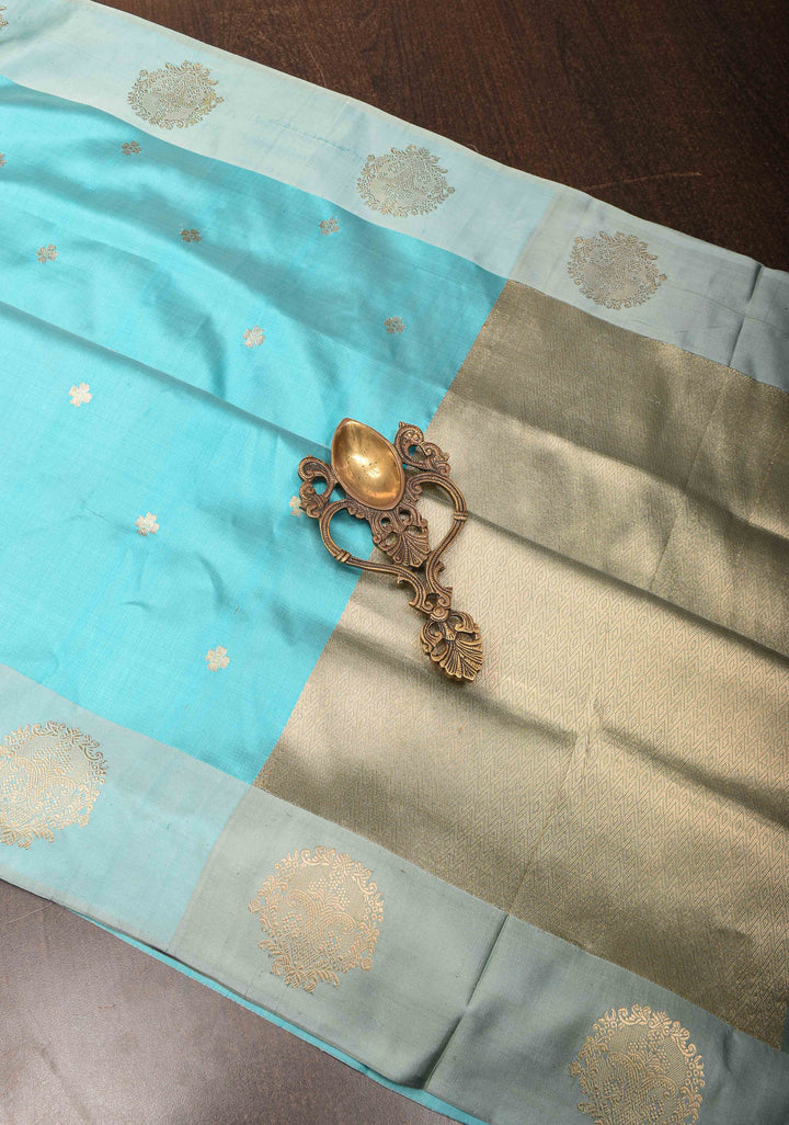 Banarasi Katan Silk Saree in Aqua with Floral Buttis and Distinct Motifs on Border | SILK MARK CERTIFIED