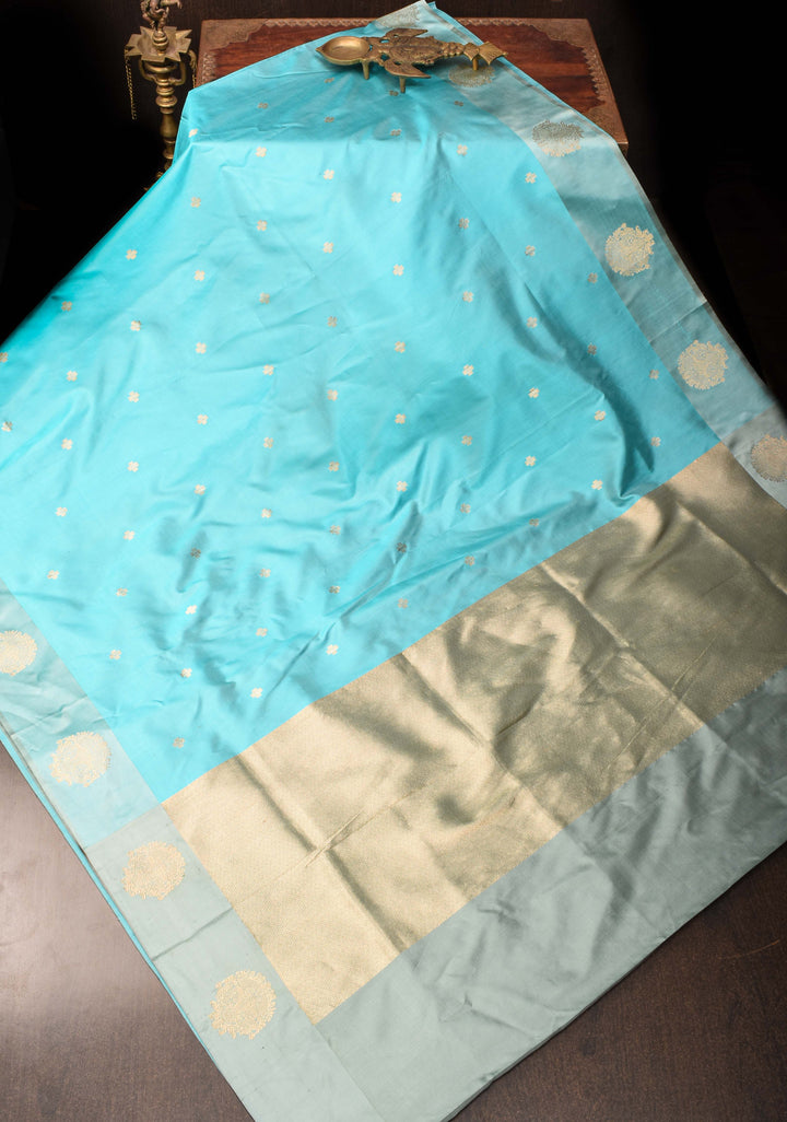 Banarasi Katan Silk Saree in Aqua with Floral Buttis and Distinct Motifs on Border | SILK MARK CERTIFIED