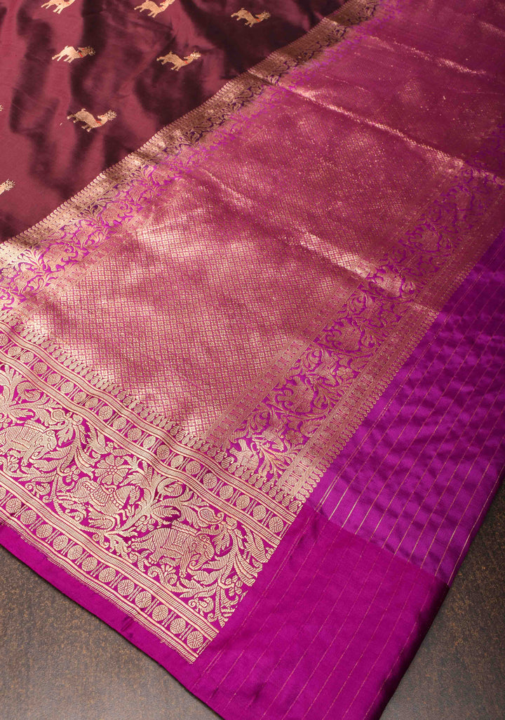 Shikaargah Banarasi Katan Silk Saree in Purple with deer motifs and zari border  | SILK MARK CERTIFIED