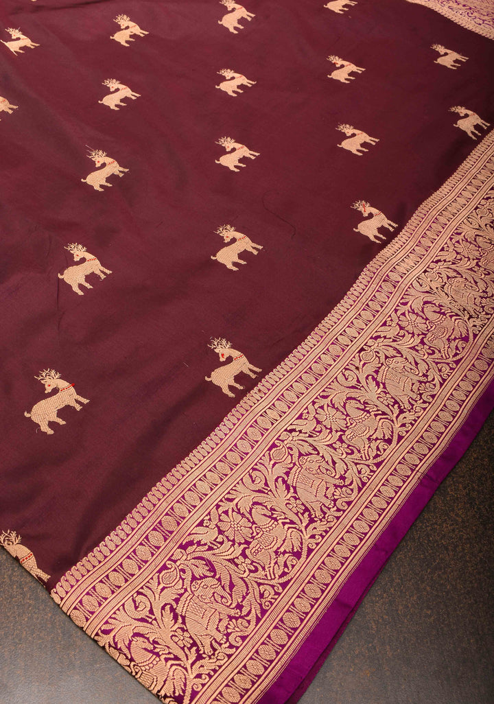 Shikaargah Banarasi Katan Silk Saree in Purple with deer motifs and zari border  | SILK MARK CERTIFIED