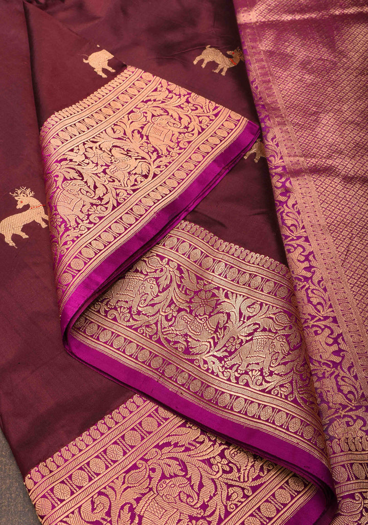 Shikaargah Banarasi Katan Silk Saree in Purple with deer motifs and zari border  | SILK MARK CERTIFIED