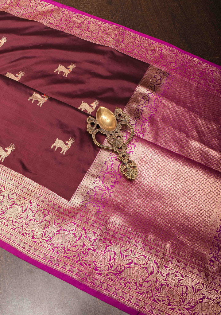 Shikaargah Banarasi Katan Silk Saree in Purple with deer motifs and zari border  | SILK MARK CERTIFIED