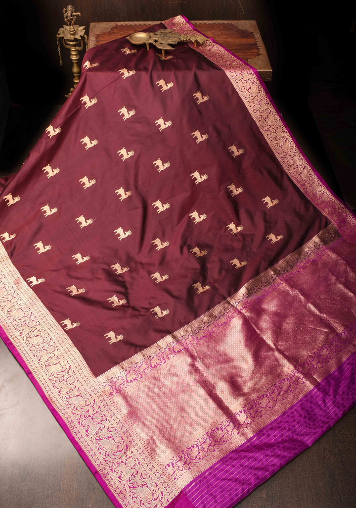 Shikaargah Banarasi Katan Silk Saree in Purple with deer motifs and zari border  | SILK MARK CERTIFIED