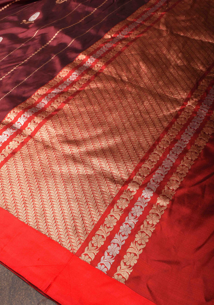Brown Banarasi Katan silk saree with Alfi Butta ornate vertical stripes and Zari Border | SILK MARK CERTIFIED