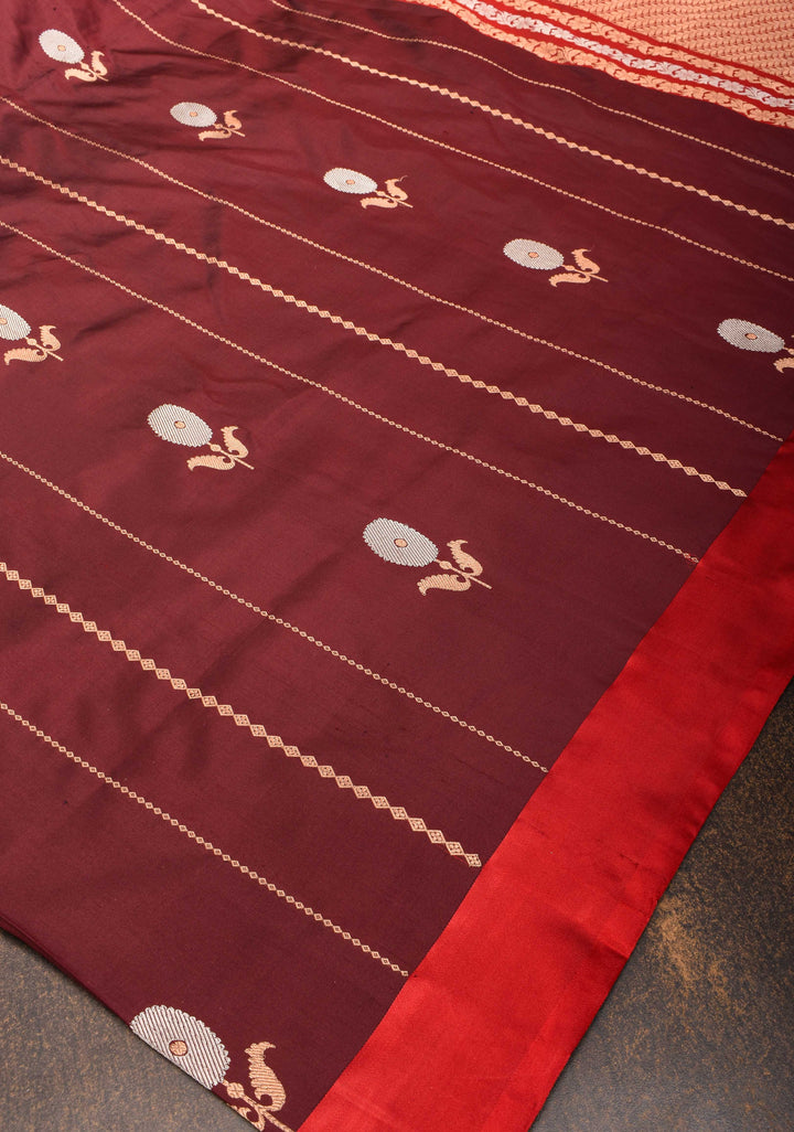 Brown Banarasi Katan silk saree with Alfi Butta ornate vertical stripes and Zari Border | SILK MARK CERTIFIED