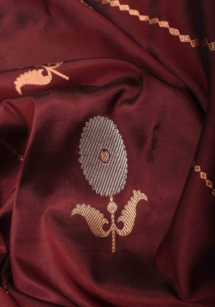 Brown Banarasi Katan silk saree with Alfi Butta ornate vertical stripes and Zari Border | SILK MARK CERTIFIED