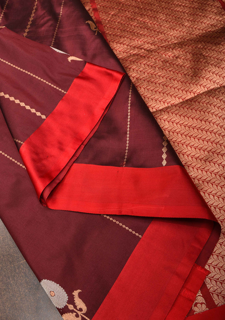 Brown Banarasi Katan silk saree with Alfi Butta ornate vertical stripes and Zari Border | SILK MARK CERTIFIED